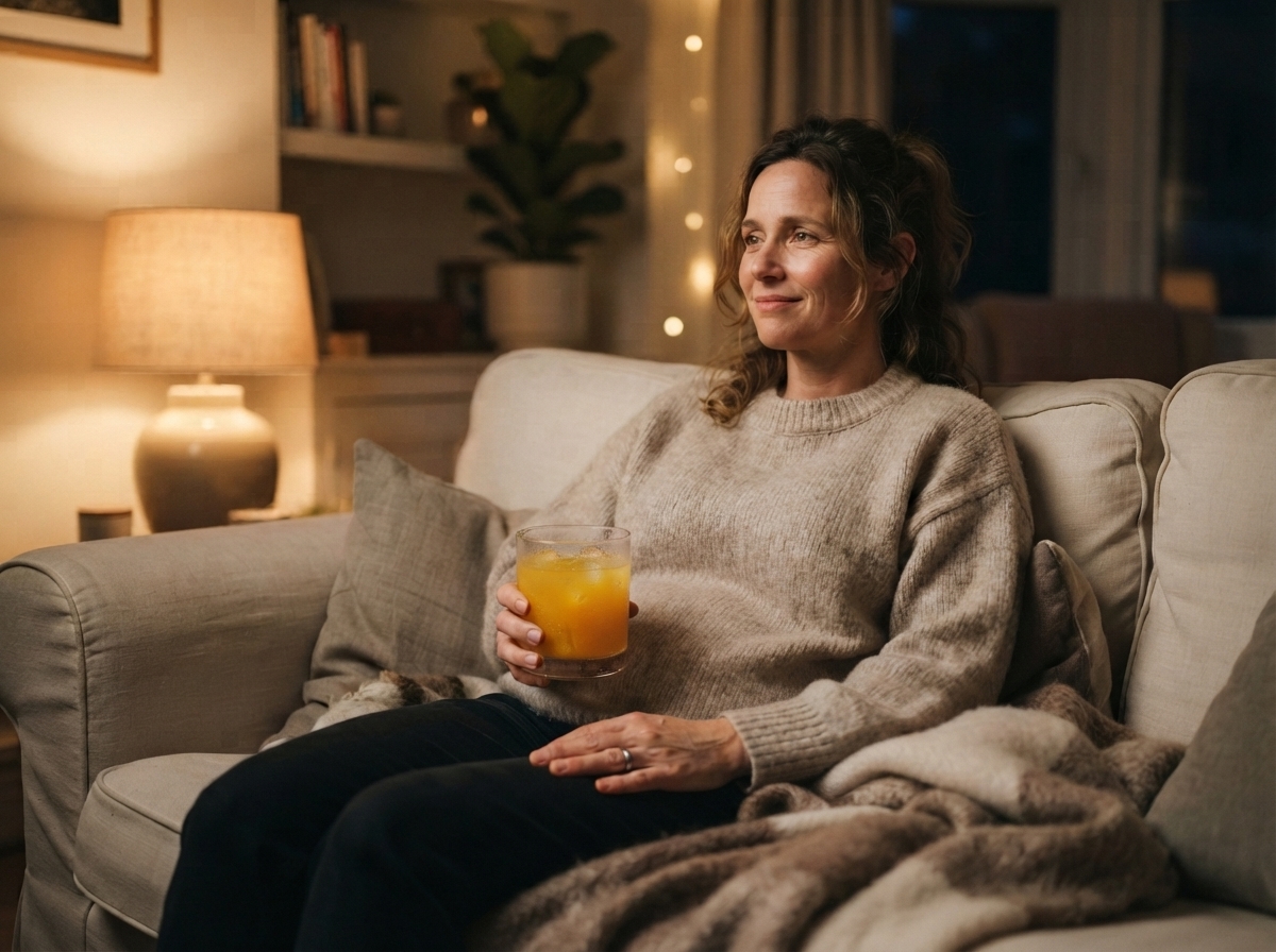 Frau abends auf dem Sofa mit Heißhunger